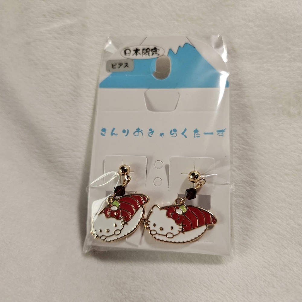 Japan Exclusive Hello Kitty Nigiri Sushi Kawaii Gold Enamel Red White Earrings